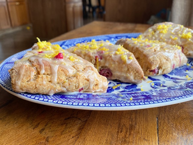 Gluten Free Cranberry Orange Scones On Blue Plate 